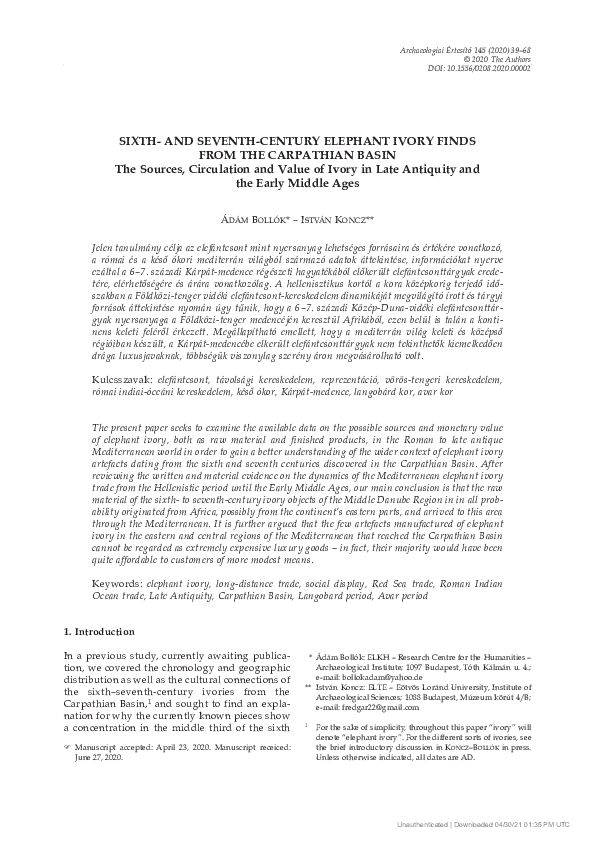 Sixth- and Seventh-Century Elephant Ivory Finds from the Carpathian Basin • The Sources, Circulation and Value of Ivory in Late Antiquity and the Early Middle Ages