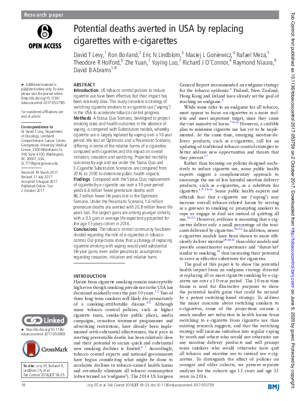 PDF) Potential deaths averted in USA by replacing cigarettes with e- cigarettes