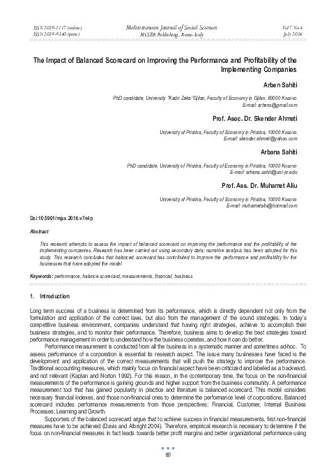 (PDF) The Impact of Balanced Scorecard on Improving the Performance and ...