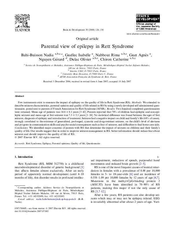 (PDF) Parental view of epilepsy in Rett Syndrome