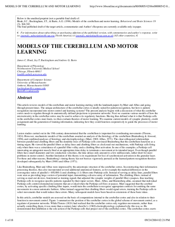 (PDF) Models of the cerebellum and motor learning