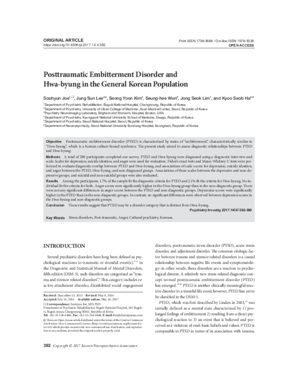 (PDF) Posttraumatic Embitterment Disorder and Hwa-byung in the General ...