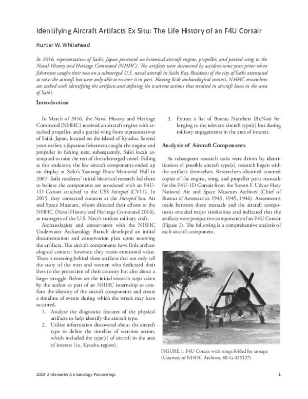 (PDF) Identifying Aircraft Artifacts Ex Situ The Life History of an F4U Corsair Hunter