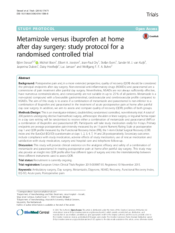 (PDF) Metamizole versus ibuprofen at home after day surgery study
