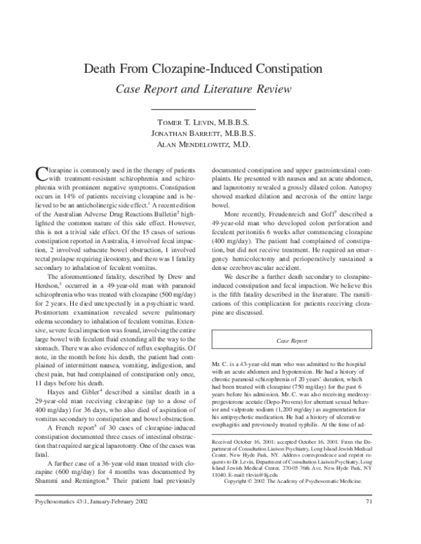 (PDF) Death From ClozapineInduced Constipation Case Report and