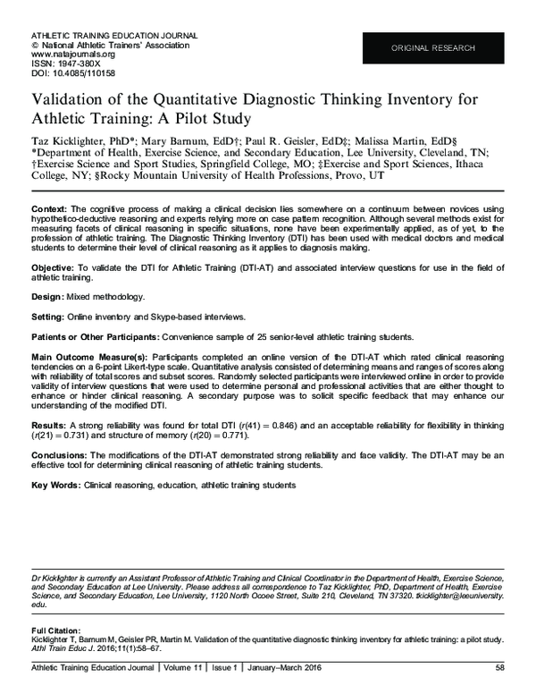 Pdf Validation Of The Quantitative Diagnostic Thinking Inventory For