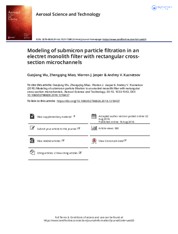 (PDF) Modeling of submicron particle filtration in an electret monolith ...