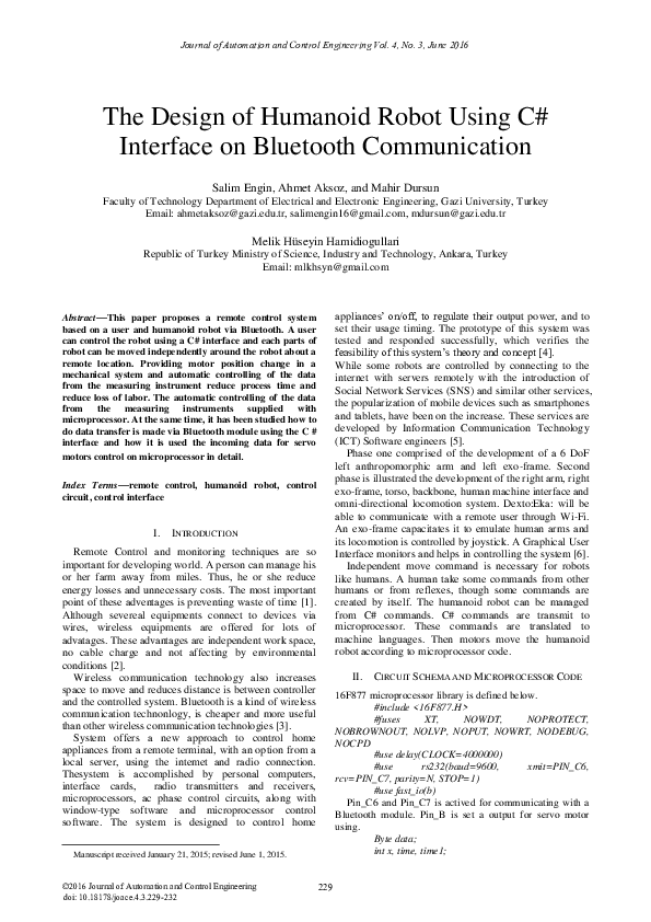 (PDF) The Design of Humanoid Robot Using C# Interface on Bluetooth ...