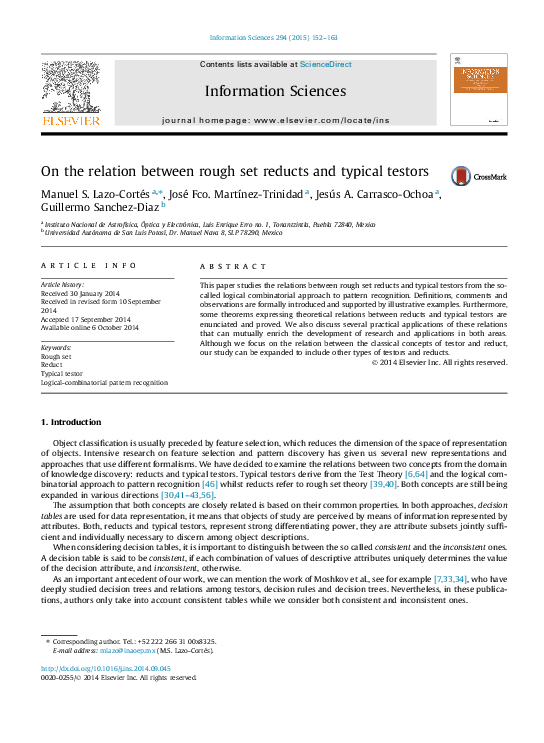 (PDF) On the relation between rough set reducts and typical testors