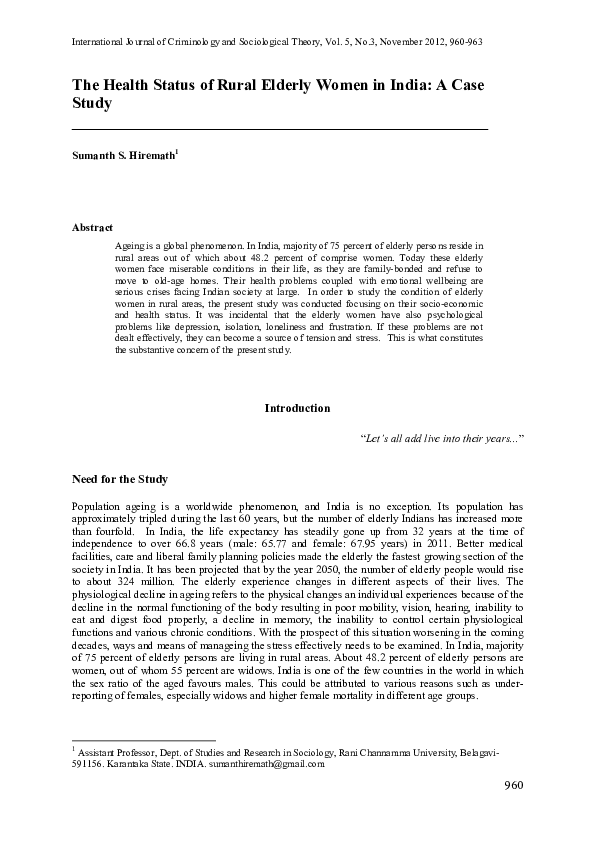 (PDF) The Health Status of Rural Elderly Women in India: A Case Study