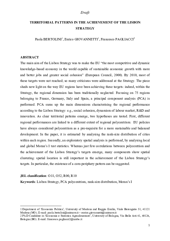(PDF) Territorial Patterns in the Achievement of the Lisbon Strategy