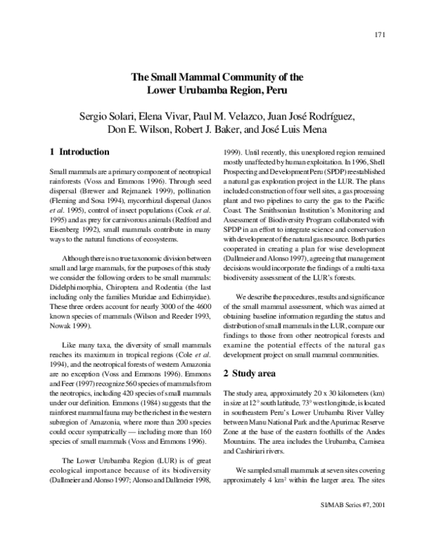 (PDF) The Small Mammal Community of the Lower Urubamba Region, Peru