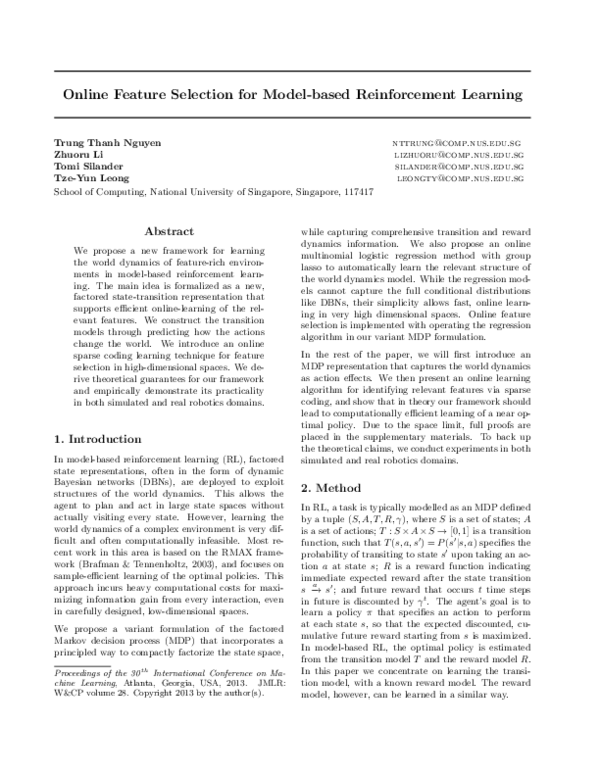 (PDF) Online Feature Selection for Model-based Reinforcement Learning