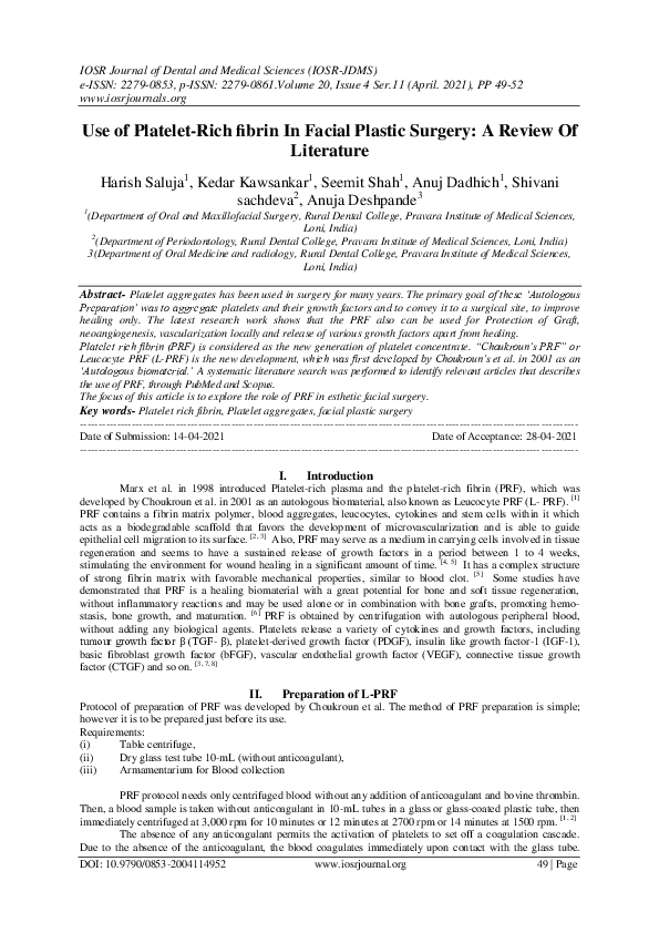 (PDF) Use of Platelet-Rich fibrin In Facial Plastic Surgery: A Review ...