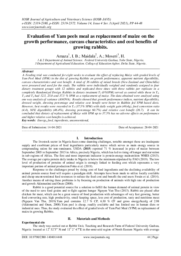 (PDF) Evaluation of Yam peels meal as replacement of maize on the