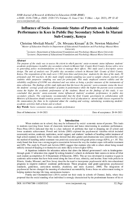 (PDF) Influence of Socio -Economic Status of Parents on Academic ...
