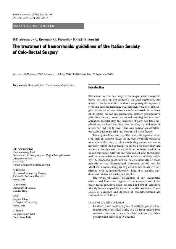 (PDF) The treatment of hemorrhoids guidelines of the Italian Society of Colorectal Surgery