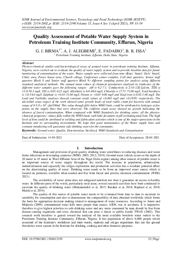 (PDF) Quality Assessment of Potable Water Supply System in Petroleum ...