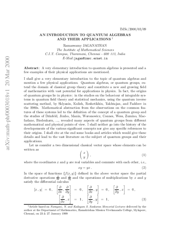 (PDF) An Introduction to Quantum Algebras and Their Applications