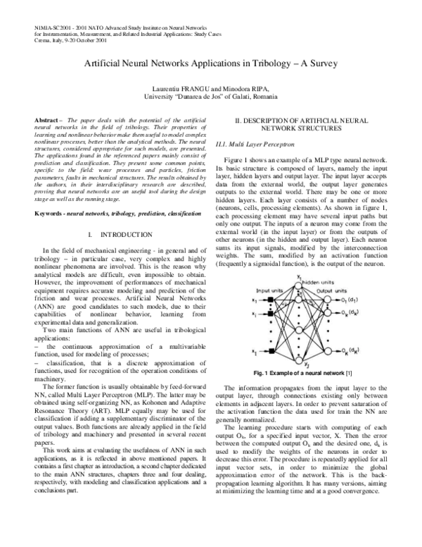 (PDF) Artificial Neural Networks Applications in Tribology A Survey