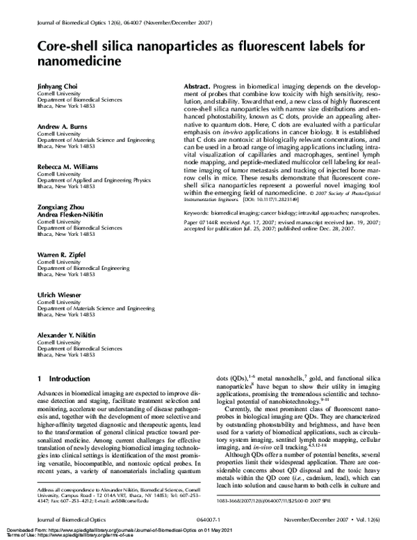 (PDF) Core-shell silica nanoparticles as fluorescent labels for ...