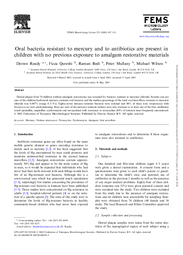 (PDF) Oral bacteria resistant to mercury and to antibiotics are present