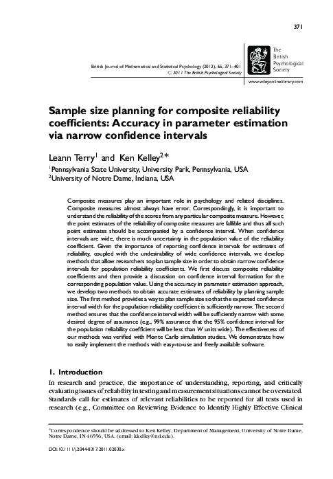 (PDF) Sample size planning for composite reliability coefficients ...