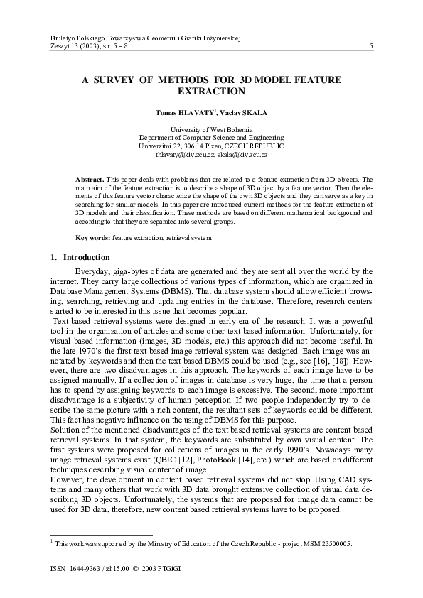 (PDF) A SURVEY OF METHODS FOR 3D MODEL FEATURE EXTRACTION