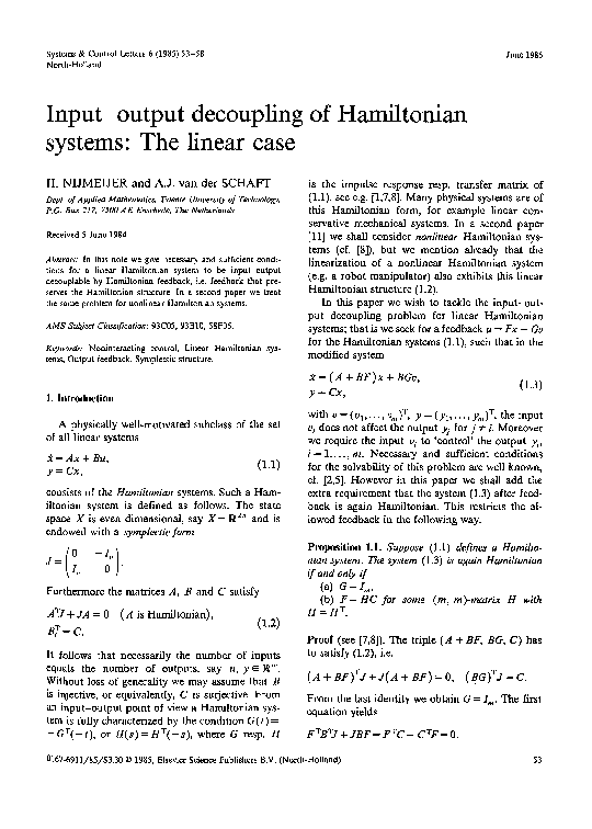(PDF) Input-output decoupling of Hamiltonian systems: The linear case