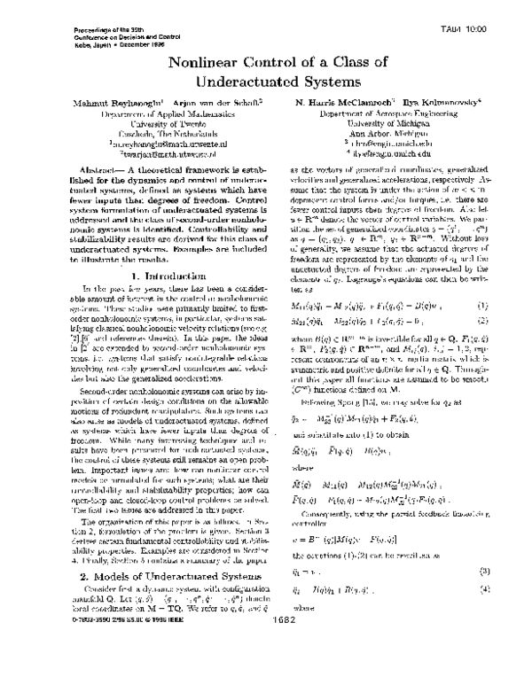 (PDF) Nonlinear control of a class of underactuated systems