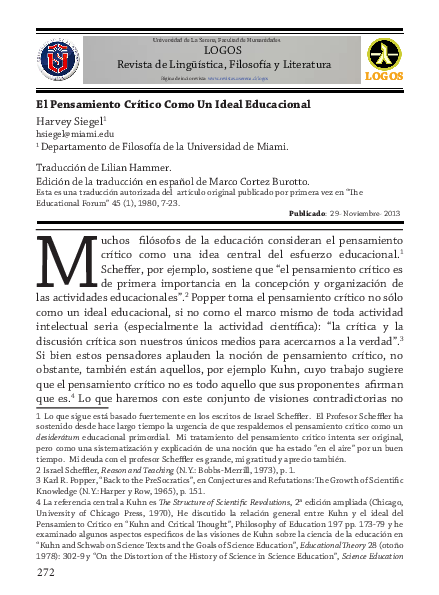  PDF El Pensamiento Cr tico Como Un Ideal Educacional Harvey Siegel 