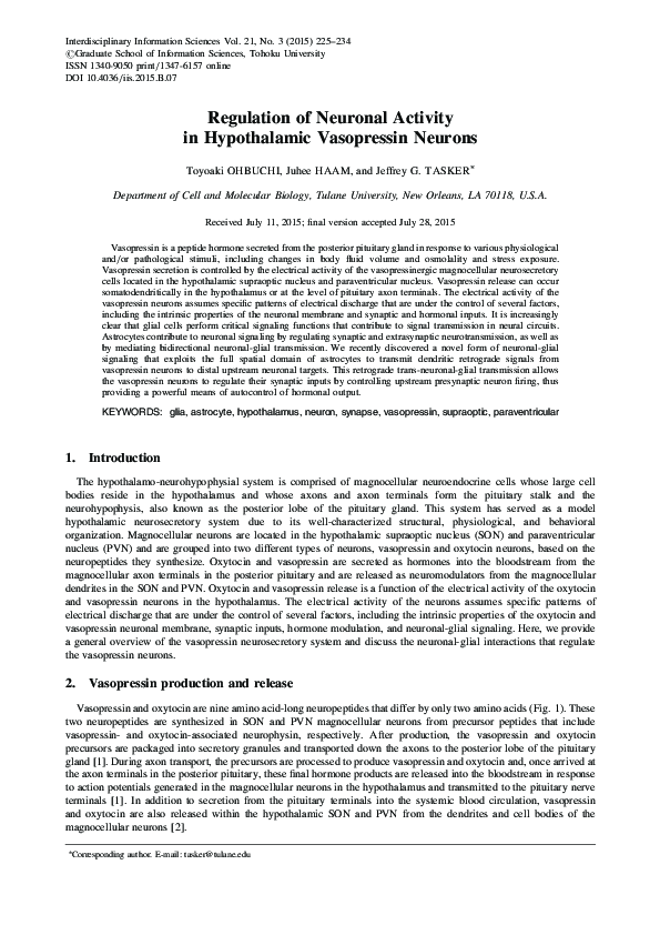 (PDF) Regulation of Neuronal Activity in Hypothalamic Vasopressin Neurons