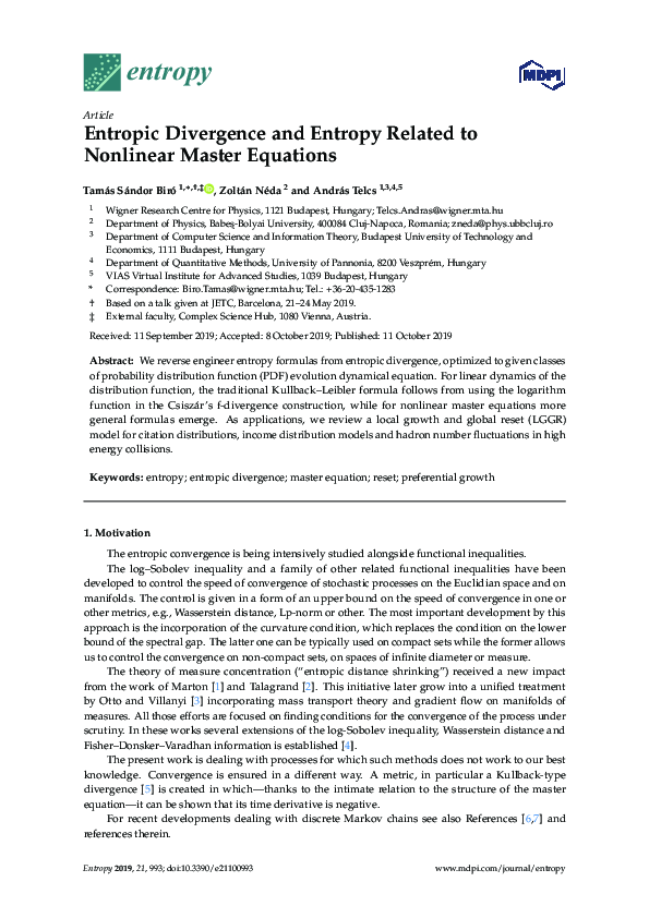 (PDF) Entropic Divergence and Entropy Related to Nonlinear Master Equations