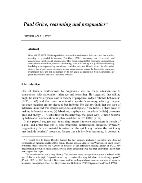 (PDF) Paul Grice, reasoning and pragmatics Nicholas Allott Academia.edu