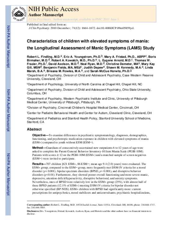 (PDF) Characteristics of Children With Elevated Symptoms of Mania