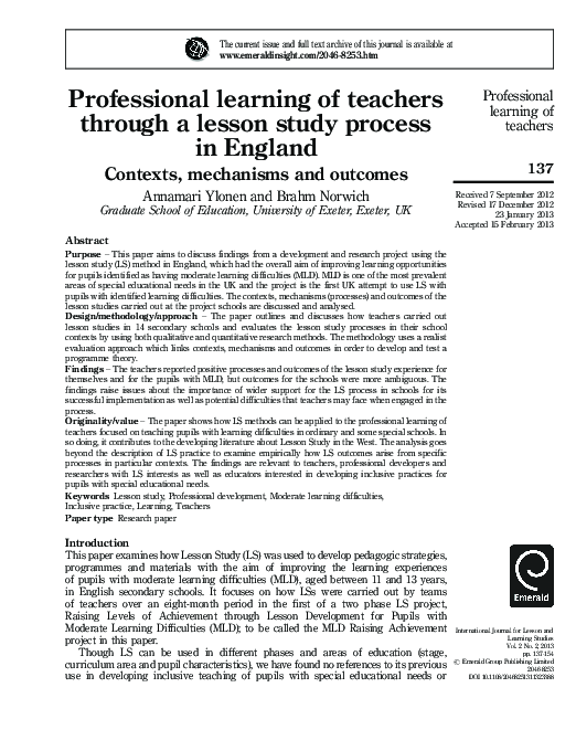 (PDF) Professional learning of teachers through a lesson study process ...