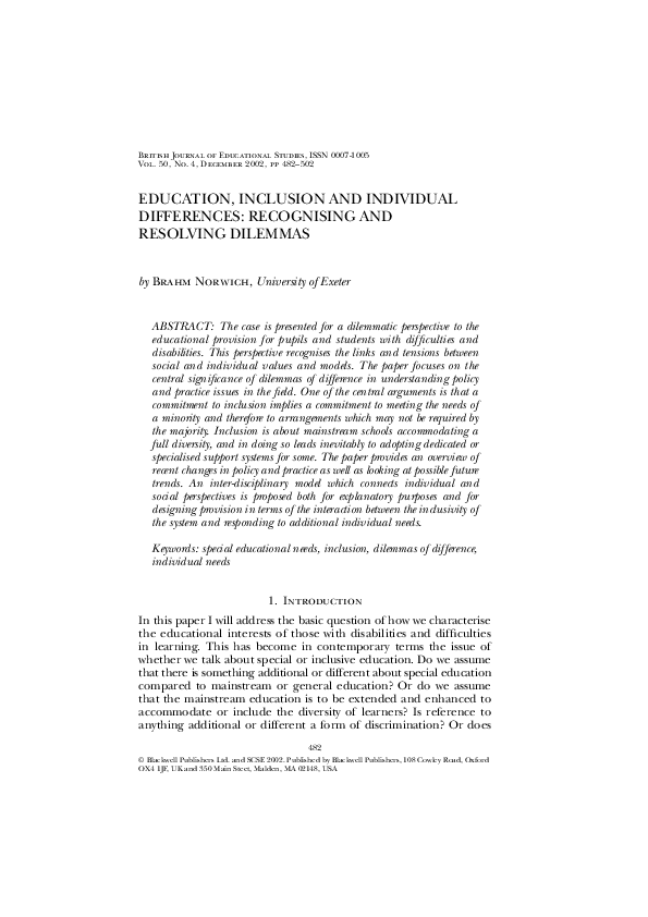 (PDF) Education, Inclusion and Individual Differences Recognising and