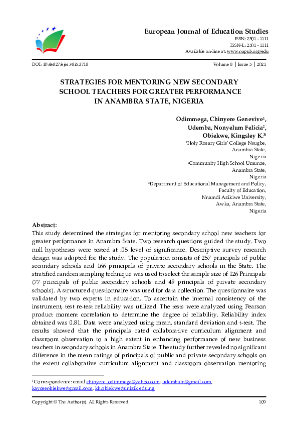 (PDF) STRATEGIES FOR MENTORING NEW SECONDARY SCHOOL TEACHERS FOR ...