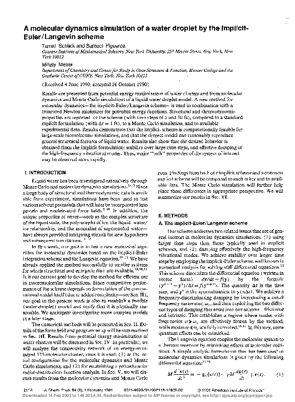 (PDF) A molecular dynamics simulation of a water droplet by the ...