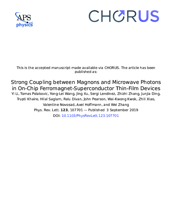 (PDF) Strong Coupling between Magnons and Microwave Photons in On-Chip ...