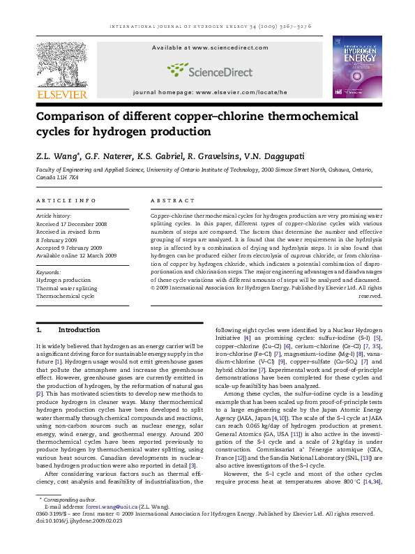 (PDF) Comparison of different copperchlorine thermochemical cycles for hydrogen production