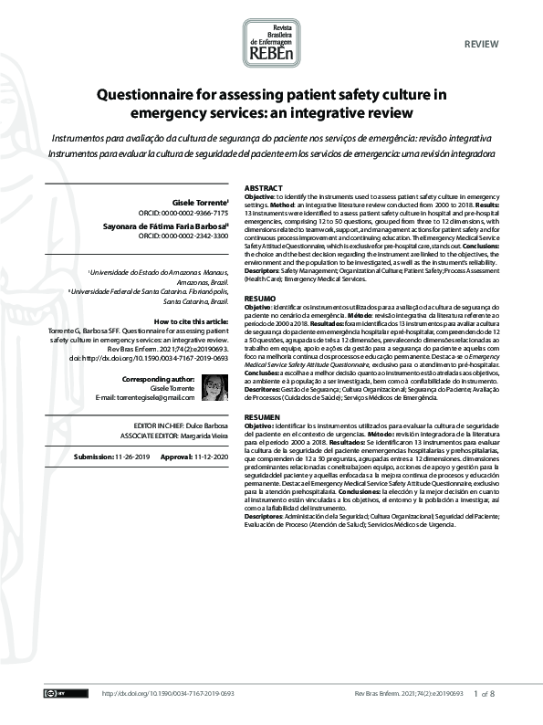 (PDF) Questionnaire for assessing patient safety culture in emergency