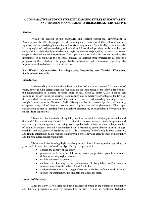 (PDF) A Comparative Study of Student Learning Styles in Hospitality and ...