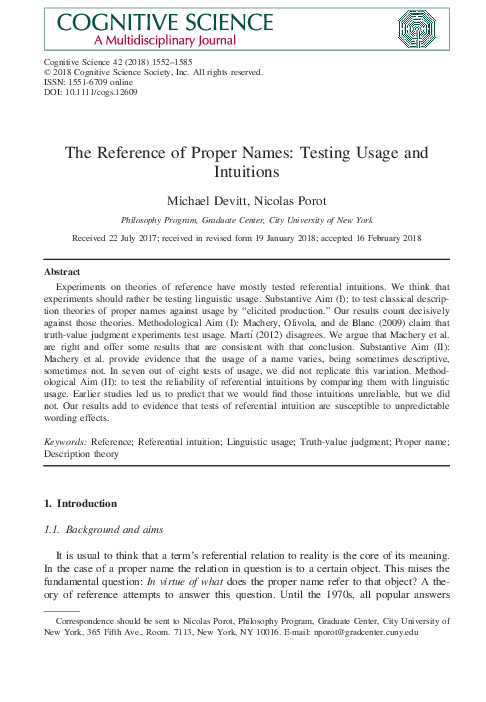 (PDF) The Reference of Proper Names: Testing Usage and Intuitions