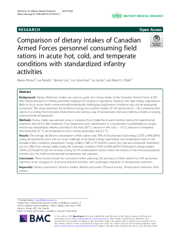 (PDF) Comparison of dietary intakes of Canadian Armed Forces personnel ...