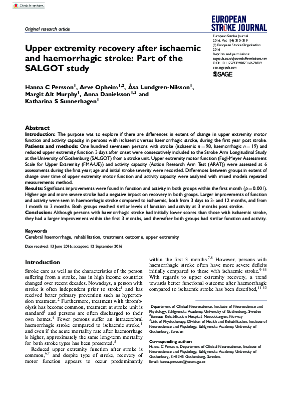 (PDF) Upper extremity recovery after ischaemic and haemorrhagic stroke ...