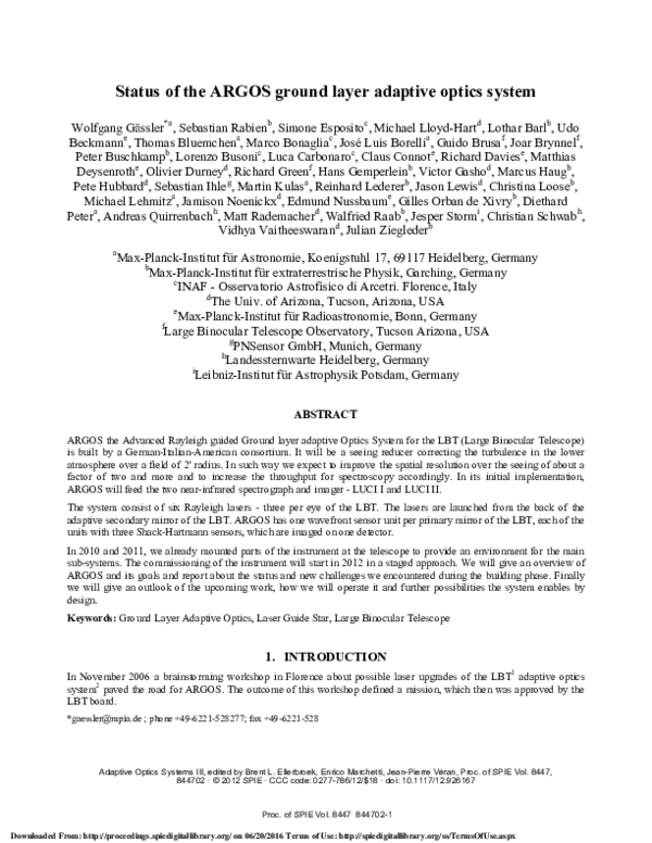(PDF) Status of the ARGOS ground layer adaptive optics system