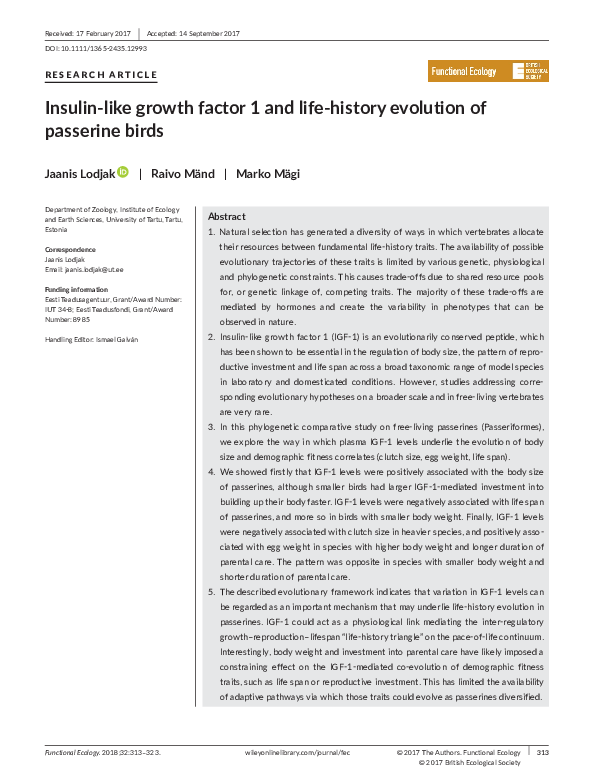 (PDF) Insulin-like growth factor 1 and life-history evolution of ...
