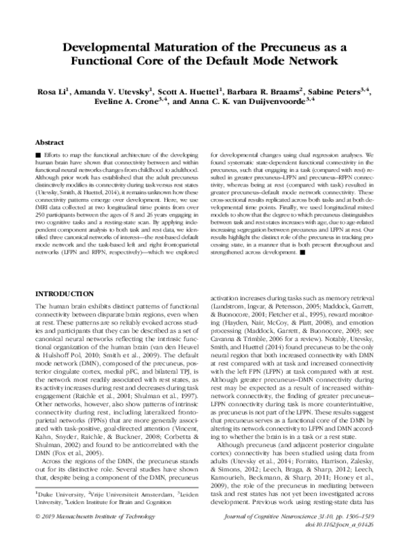(PDF) Developmental maturation of the precuneus as a functional core of ...