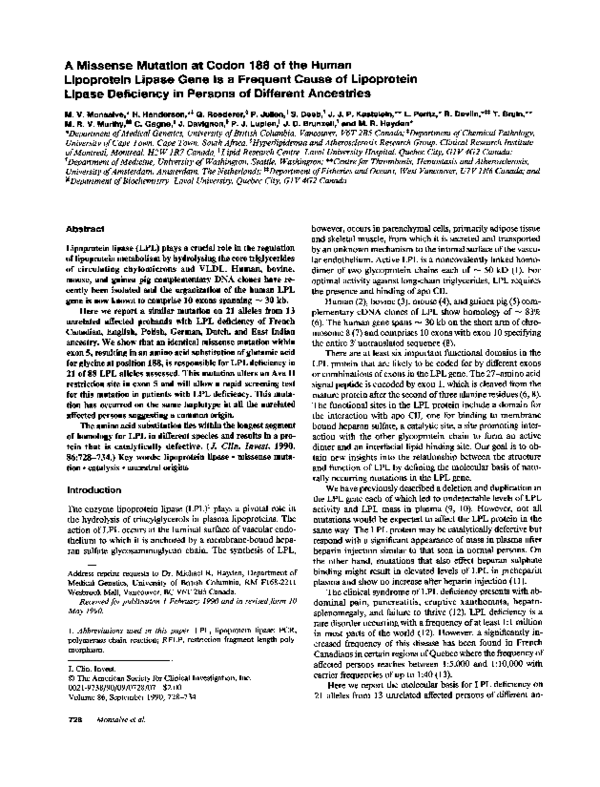 (PDF) A missense mutation at codon 188 of the human lipoprotein lipase ...